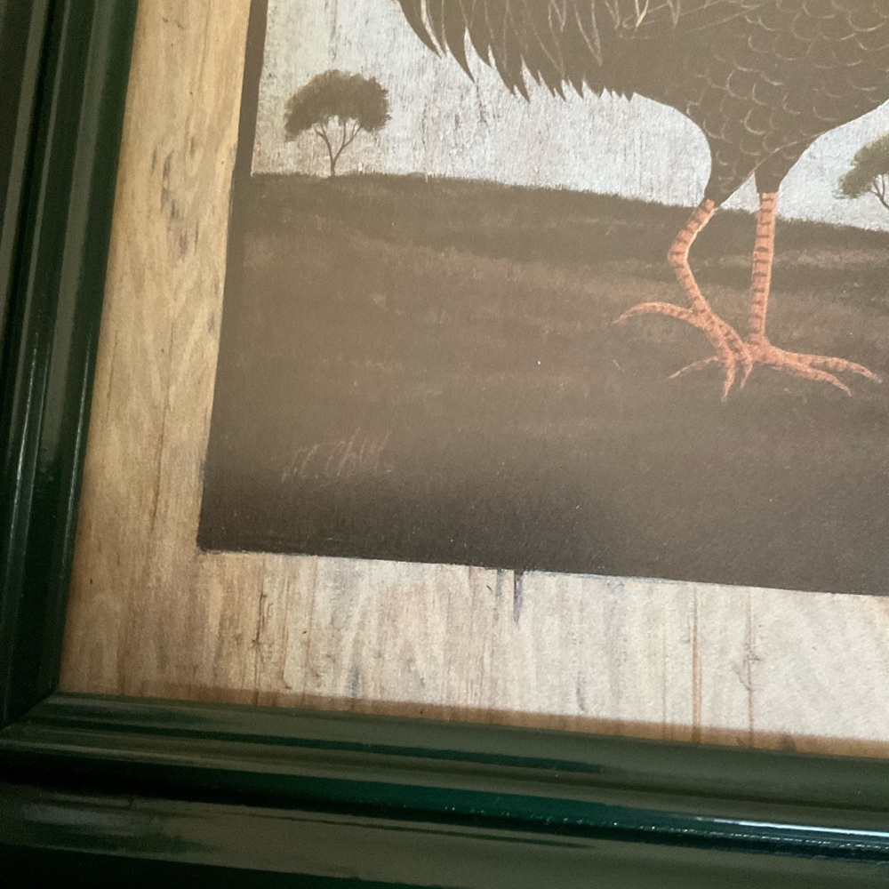 Vintage Framed Rooster Signed Art Picture, Farmhouse, Hunter Green - Picture 3 of 11
